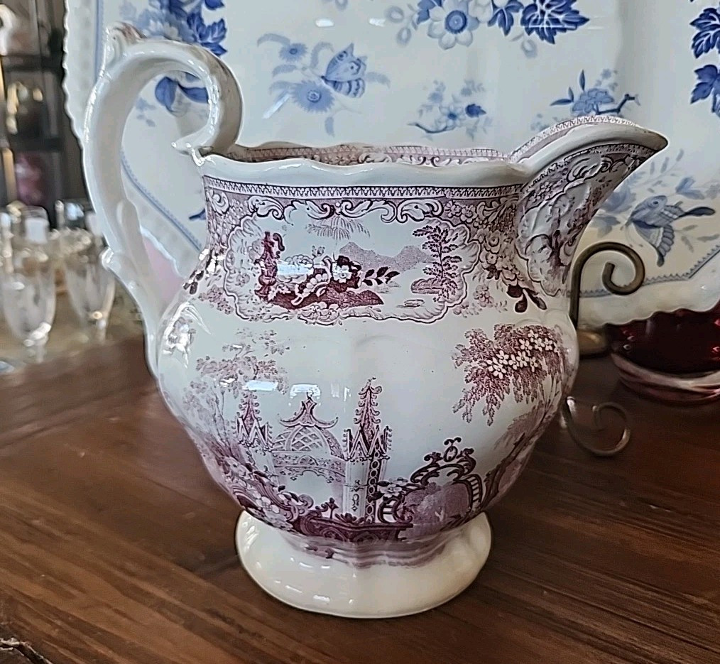 Rare Antique 9.1/4" Purple Transferware Staffordshire Water Pitcher