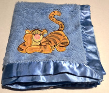 Disney Baby Winnie the Pooh Tigger Baby Blue Satin Trim Blanket Lovey Security