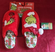 Dr. Seuss The Grinch Women's Slippers Size 7-8 Medium Christmas Santa Hat NWT
