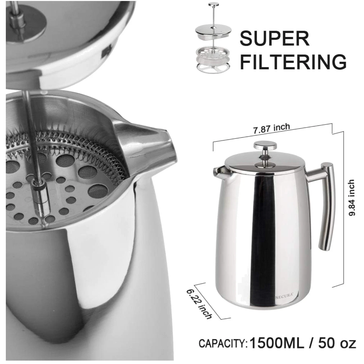 French Press 50oz, Stainless Steel Insulated Press
Opens in a new window or tab