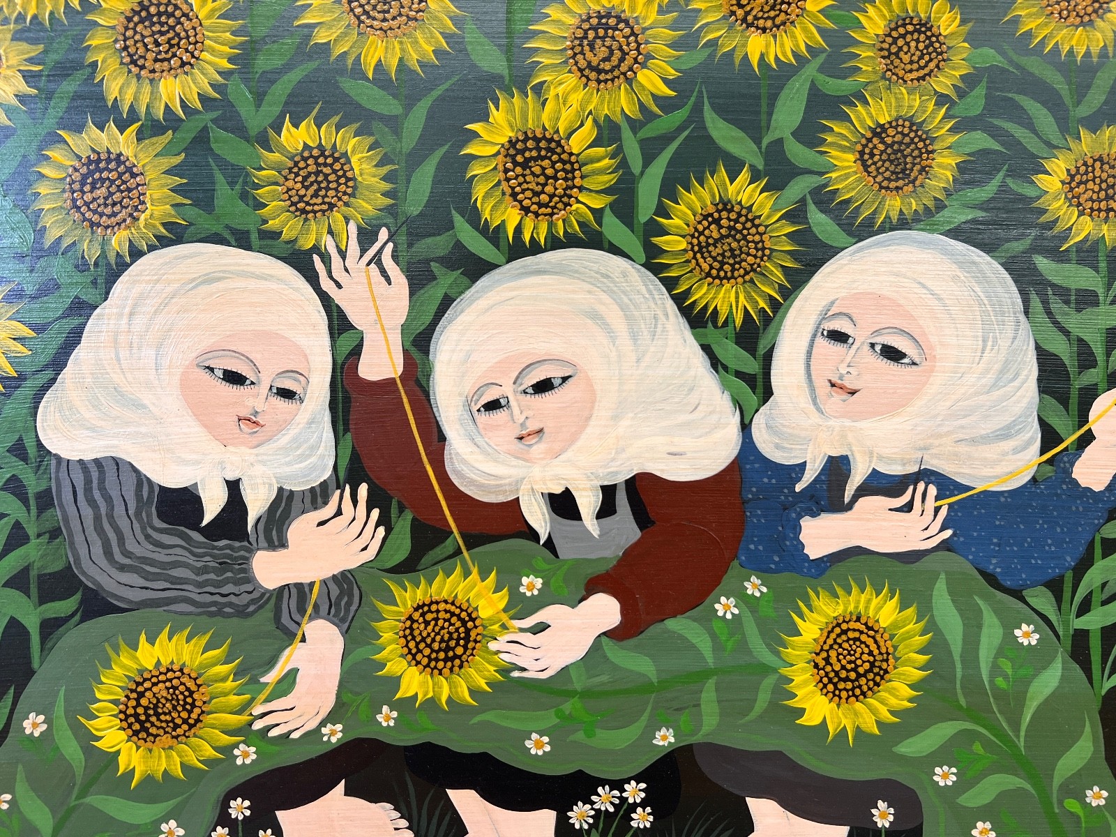 Carlos Perteagudo “Three Figures and Sunflowers” Signed Oil on Board Folk Naïve