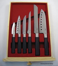 Asia Messer Set Edelstahl mit schwarzem Kunststoff in Glas/Holz Schublade 6erSet