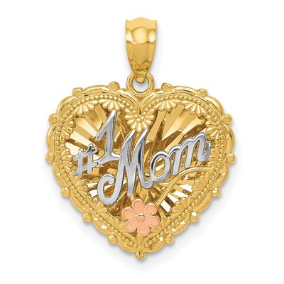 14k dreifarbig gold poliert #1 MOM Shadowbox Anhänger Geschenk für Frauen