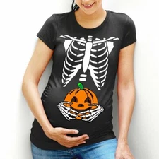 Pumpkin Belly T-Shirt Skeleton Maternity Top Halloween Costume Funny Womens L98
