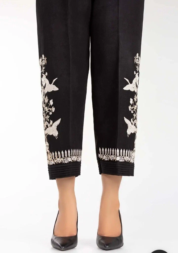 NWT Gul Ahmed Size M Black Formal Raw Silk Embroidered Trousers Pakistani |  eBay