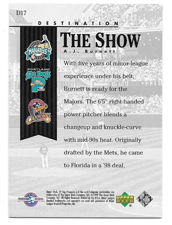 2000 Upper Deck SP Top Prospects Destination the Show #D17 A.J. Burnett - Image 2 of 2