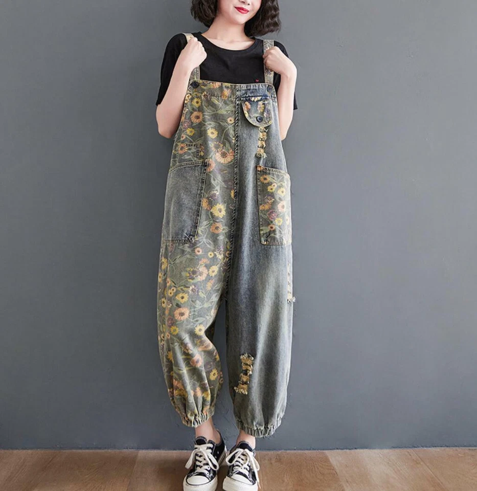 Mujeres Floral Estampado Denim Peto Mono Étnico Jeans Pantalones Pantalones Foto 4 de 4