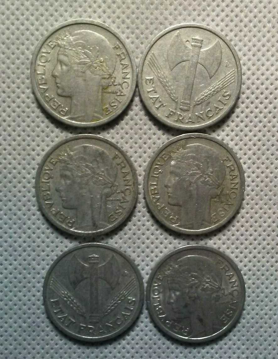 6) 1943, 1943, 1945, 1957, 1959, 1959 PTAE FRANCAISE 1 FRANC COINS