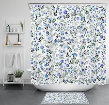 Farmhouse Green Plant Leaf Blue Wildflower Shower Curtain Set for Bathroom Decor