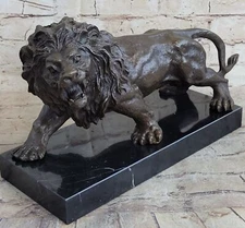 Angry Roaring Lion Bronze Metal Statue Sculpture Figure on Marble Base by Barye