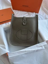 HERMES Evelyne 16 Mini Etoupe / Blue Indigo Strap New