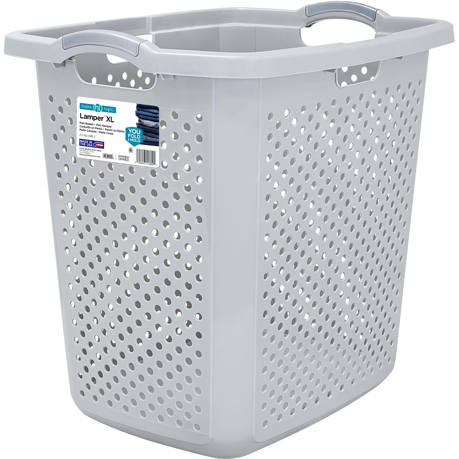XL Lamper Plastic Laundry Basket 2.5 Bushel, Soft Silver