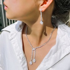 Silver Plated Dangle Drop Earrings and Necklace Cubic Zirconia Women Jewelry Set