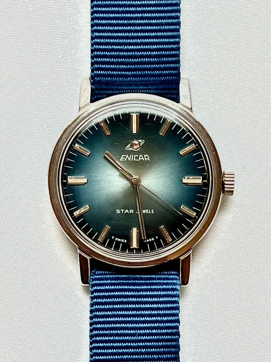 Beautiful vintage Enicar watch with blue sunburst dial, recently