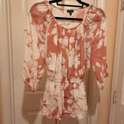 Talbots Pink & White Semi Sheer Lined Floral Print Tie Back  Blouse Size 14P EUC - Afbeelding 1 van 8