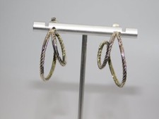 J603-VINTAGE PIERCED EARRINGS SILVER TONE HOOPS ABSTRACT 1.25" WIDE