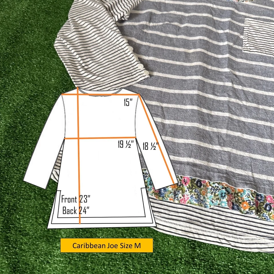 Top túnica Caribbean Joe manga 3/4 cuello barco rayas floral gris blanco talla M Foto 2 de 4