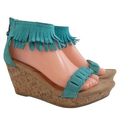 Minnetonka Aqua suede fringe Nicki wedge sandals