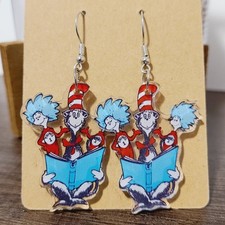Unknown Brand Cat in the Hat Theme Dangle Earrings NWOT Ladies Lightweight Gift
