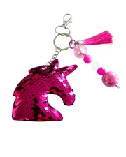 Sequin Unicorn Plush Keychain, Silk Pink Tassel, Pearl Bead, Cute Sparkly Purse