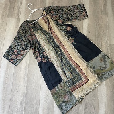 Johnny Was Dress silk patchwork mix print midi womens Blue (xlarge) boho chic