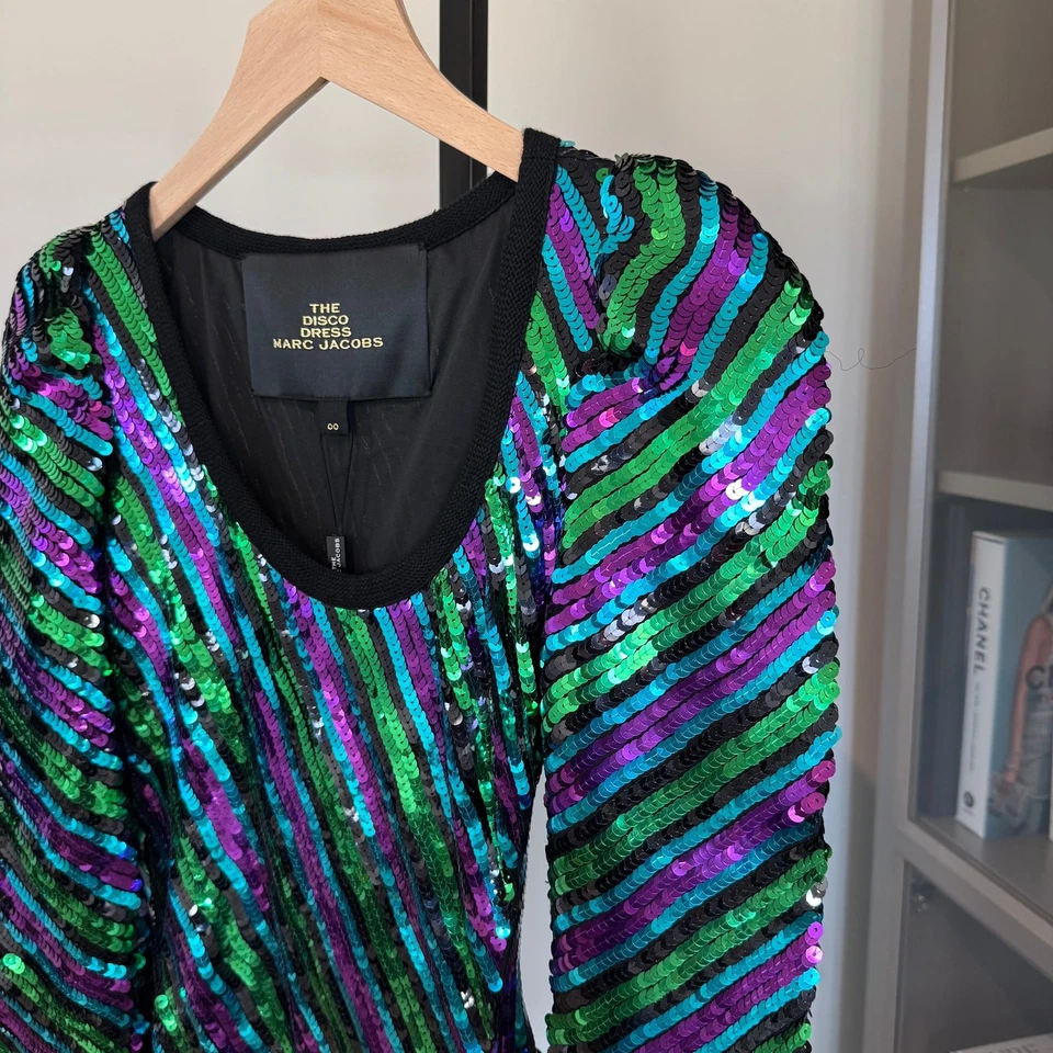 Vestido Marc Jacobs The Disco Lentejuelas NUEVO Multicolor Negro Verde Púrpura Deslumbrante 0 Foto 3 de 4