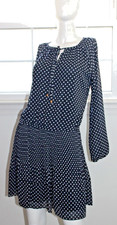 NEW MICHAEL KORS POLKA DOTS NAVY BLUE DRESS LONG SLEEVES RUCHED ELASTIC WAIST S