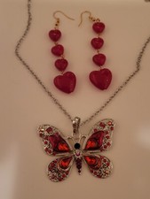 Heart Earrings Rhinestone Butterfly Necklace Jewelry Set FREE SHIPPING E32