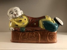 Chinese Man Trinket Dish Vintage MCM Hong Horizons Hand Painted Lidded Ceramic