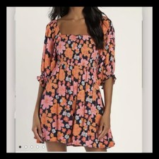 NWT Lulus Pollen in Love Navy Blue Floral Puff Sleeve Mini Skater Dress SMALL