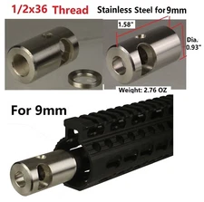9MM Stainless Steel 1/2x36 TPI Compact Compensator Muzzle Brake W Crush Washer