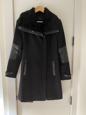 Andrew Marc MARA Black Wool Coat W/ Genuine Leather Trim Rabbit