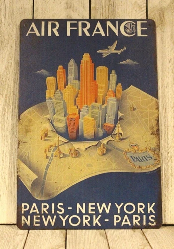 Fly Air France Paris to New York Tin Metal Travel Poster Sign Vintage Style Ad