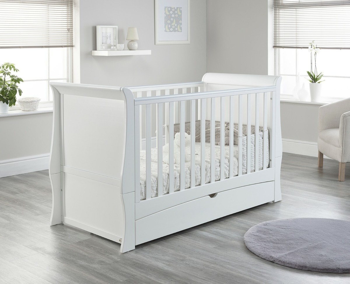 Sleigh Baby Wooden Cot Bed with Drawer convertible to a Toddler
