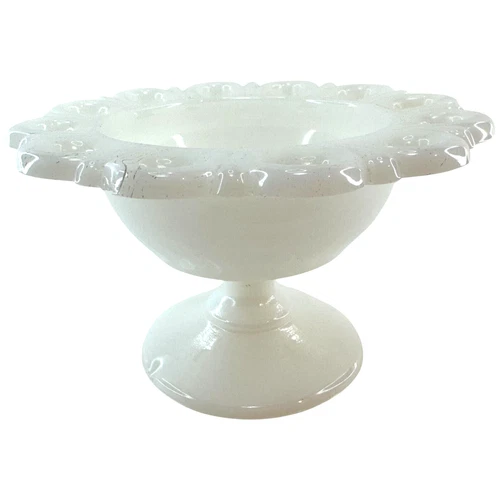 Vintage Milk Depression Glass Jelly Compote Pedestal Lace Edge Ruffle Scalloped