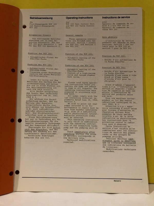 Pfeiffer PK 800 123 TCF 102 TCV 102 Control Unit Operating Instructions |  eBay