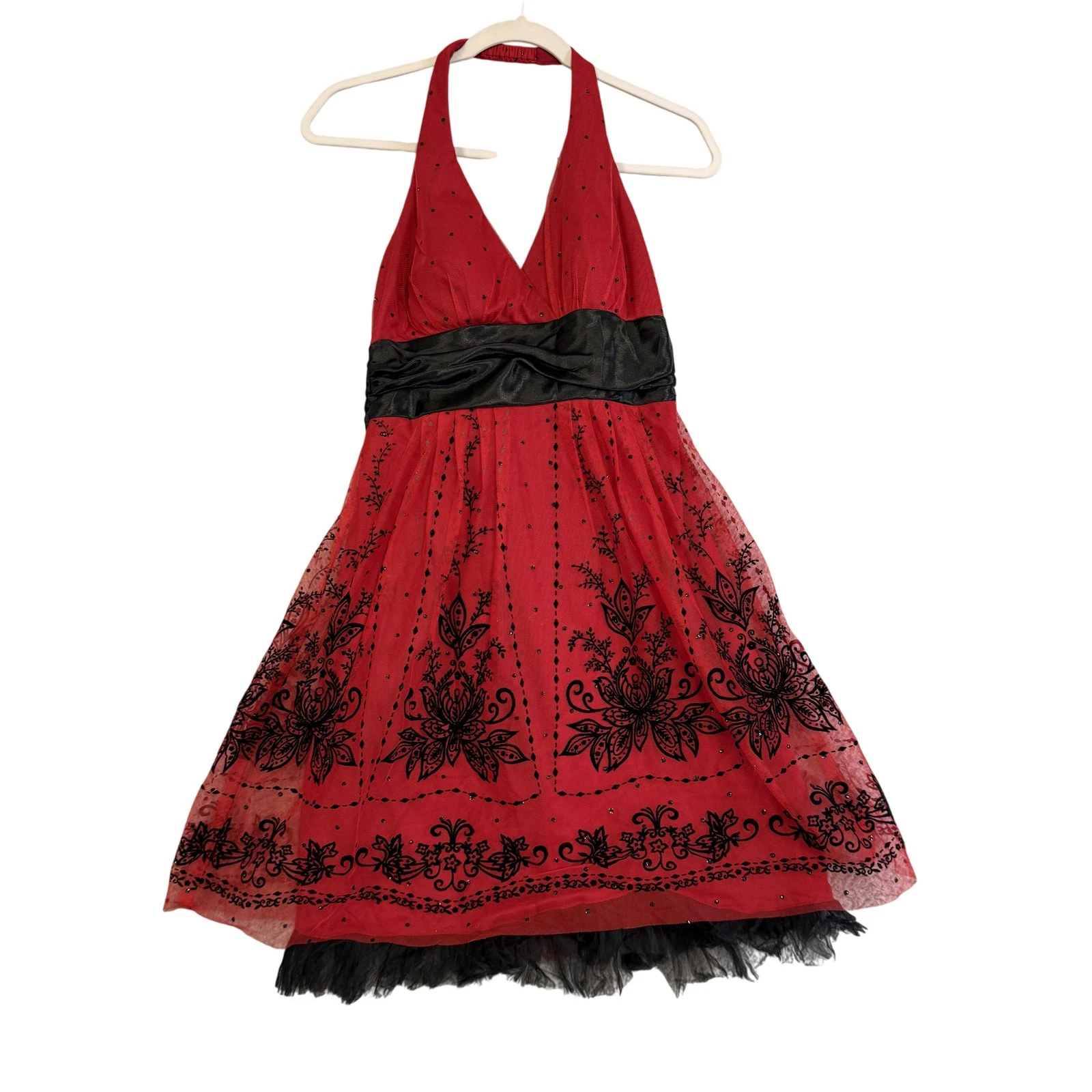 Steppin Out Dress Girls 7/8 Red Halter Tulle Floral Sequin Party Formal
