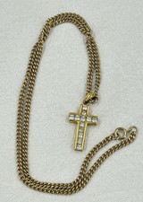 Christian Cross clear Crystal Rhinestones Gold Tone Chain Necklace 18 Inch