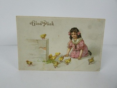 Antique Scandinavian Easter Postcard 'Glad Påsk' Girl and Chicks Illustration