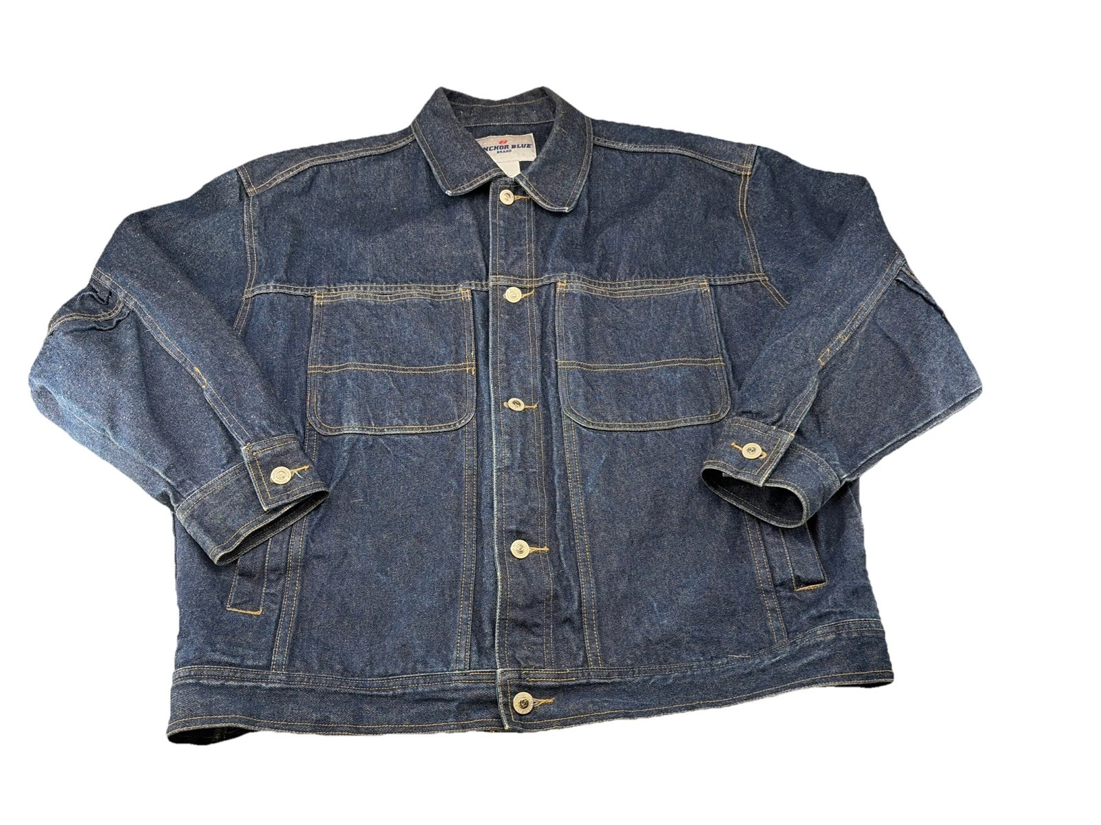 Vtg Anchor Blue Dark Wash Denim Jacket Barn Coat Look Size L Big Front Pockets