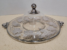 Vintage Sterling Silver Grapes & Leaves Overlay Glass Cheese Tray w/Dome Cover