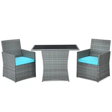 Patiojoy Outdoor 3PCS Rattan Furniture Set Cushioned Sofa Armrest  Turquoise