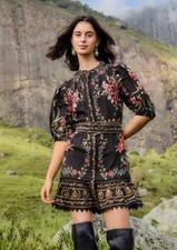 💕 Farm Rio Belle Garden Lace Belted Mini Dress M Black Floral Puff Sleeve