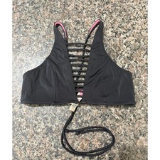 Victorias Secret PINK Bikini Top Black Neon Pink Strappy Cage High Neck Medium