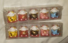 10 Maneki Neko LUCKY CATS ceramic ornaments new 2 boxes Japanese