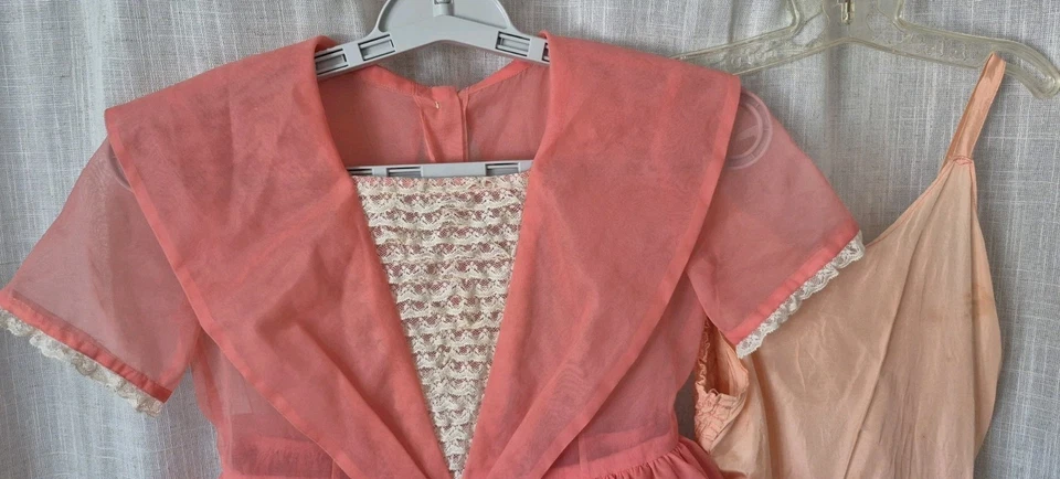 VTG 1960's Girls Dress w/Slip Salmon Layers & Lace  Homemade By My Mom Easter - Image 2 of 4