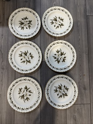 Royal Worcester England Engadine  9.5   diameter Plates with gold trim. 6 plates