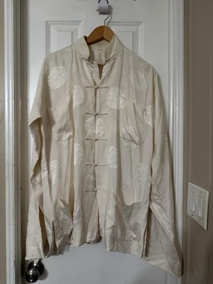 Shanghai Tang Unisex  100% Silk Brocade Mandarin Collar Shirt  Large  Off White