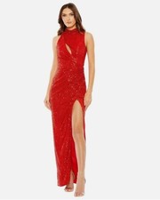 New MAC DUGGAL Size 8 Red 27183 Sleeveless High Neck Gathered Waist Sequin Gown