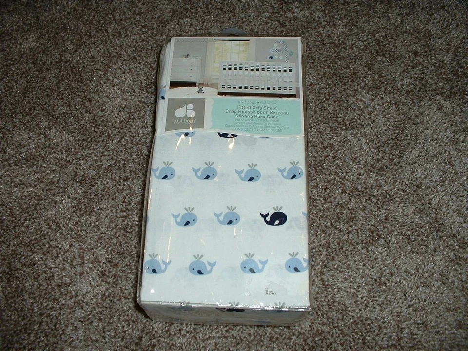 Just Born Whale Fitted Crib Sheet White Blue Navy Gray Baby Boy Nursery NWT RARE - Image 3 of 3